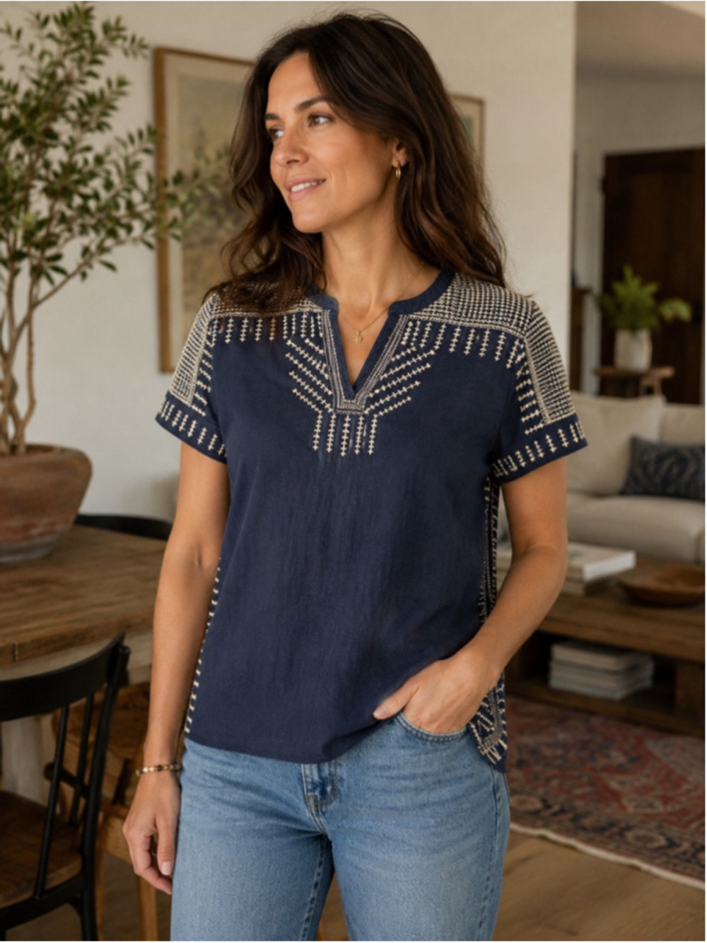 Pure Jill Embroidered Tunic Top Women’s Medium Navy Blue Cotton Linen Boho - Picture 3 of 8